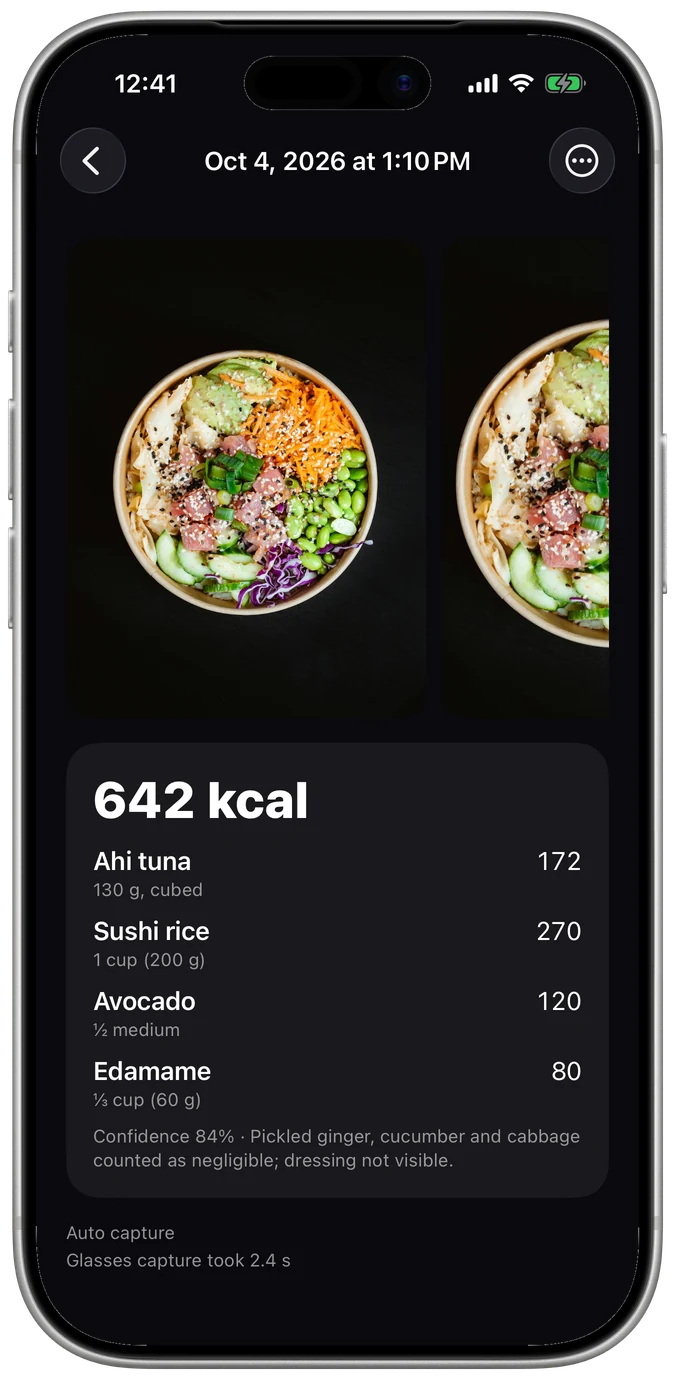 The Magical app itemising a poke bowl: 642 kcal across tuna, sushi rice, avocado and edamame