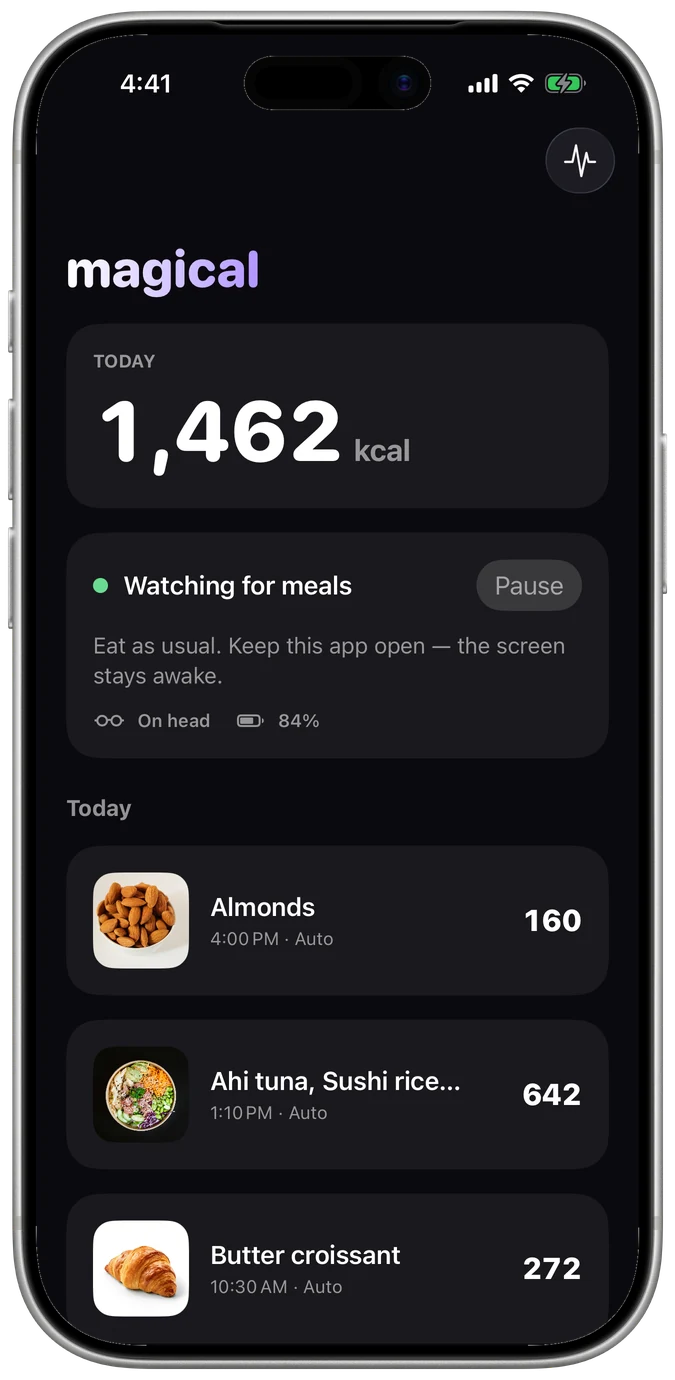 The Magical app showing today's automatically logged meals